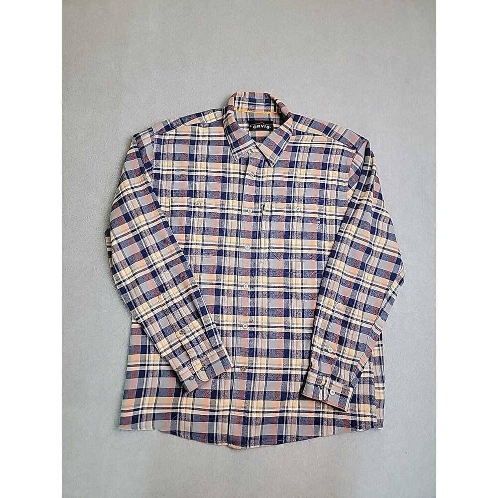 Orvis Flannel Shirt Mens L Blue Orange Plaid Zip Pocket Outdoor‎ Preppy